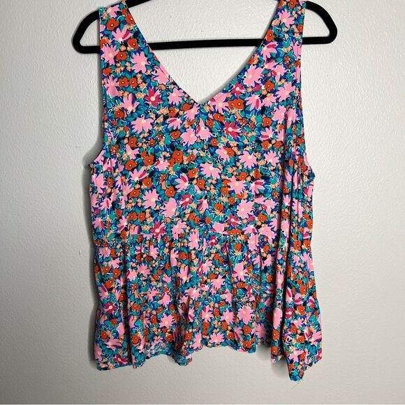 Loft Daisy Double V Peplum Shell Tank Top Floral Print Sz L Pink Blue Green - Picture 5 of 8